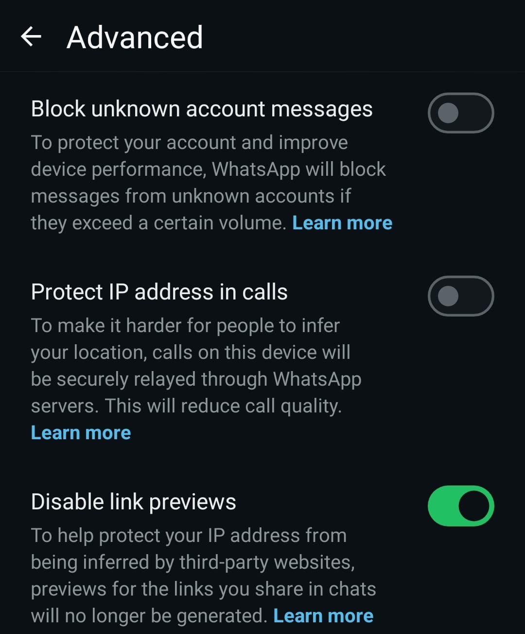 WhatsApp Protect IP address in calls setting