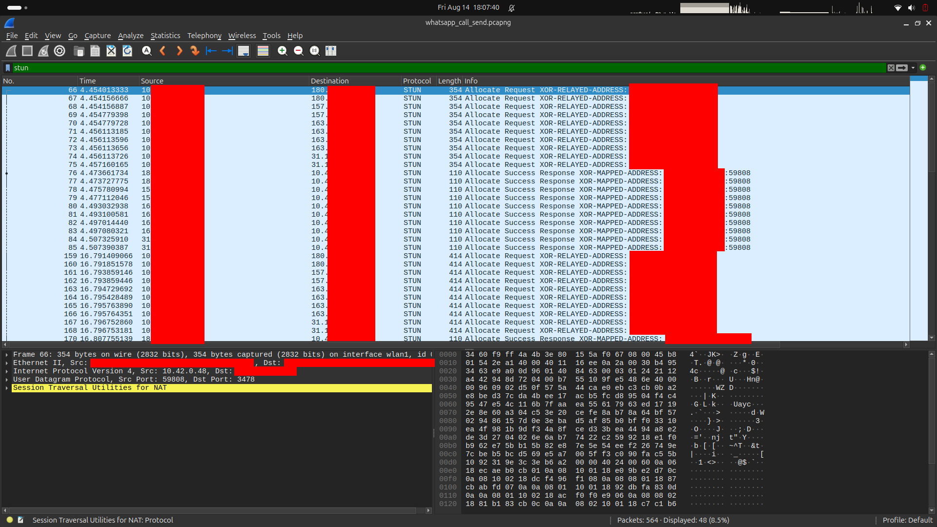 Wireshark view of STUN packets with IP addresses exposed