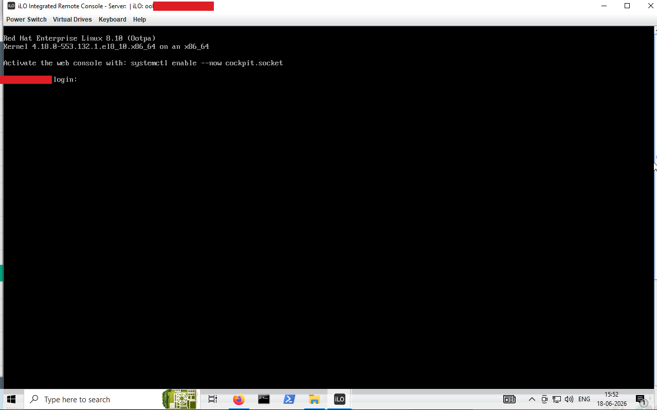 The server’s physical console, visible in the remote session