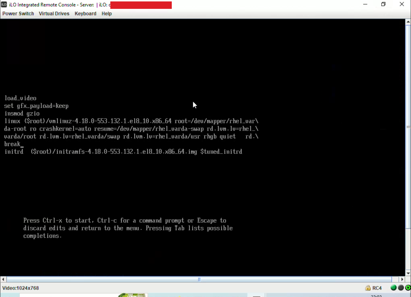 rd.break appended to the kernel command line in the GRUB editor