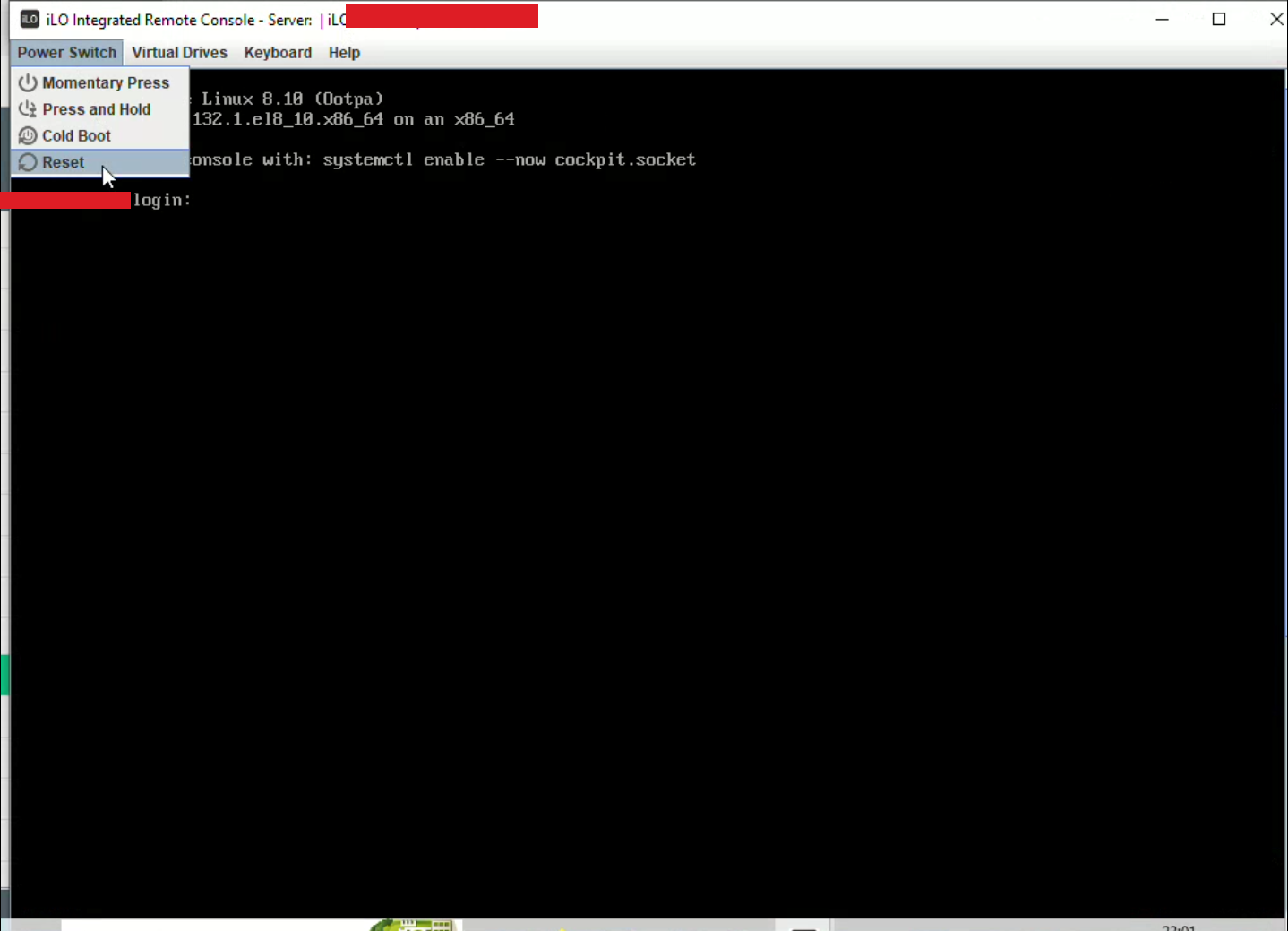 Power Switch → Reset issued from the iLO console toolbar