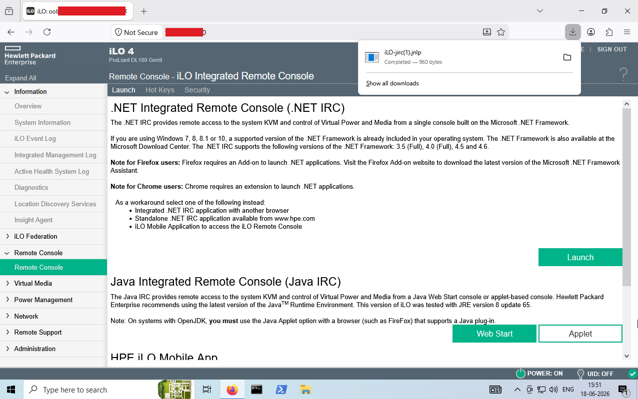 Remote Console section of the iLO web interface — JNLP download