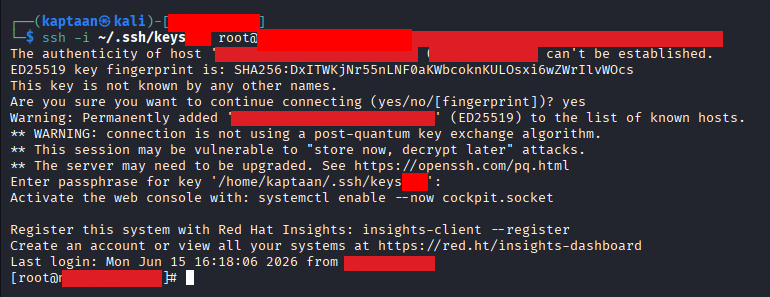 Direct passwordless root SSH login via the implanted public key