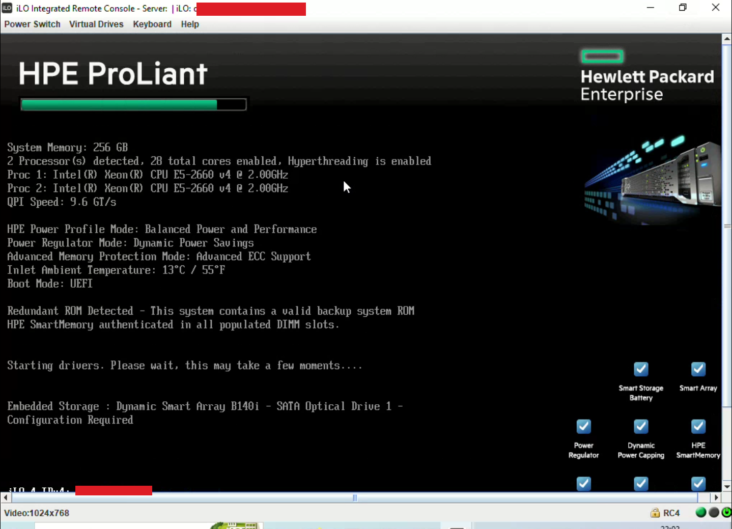 Server rebooting — POST output live in the remote console