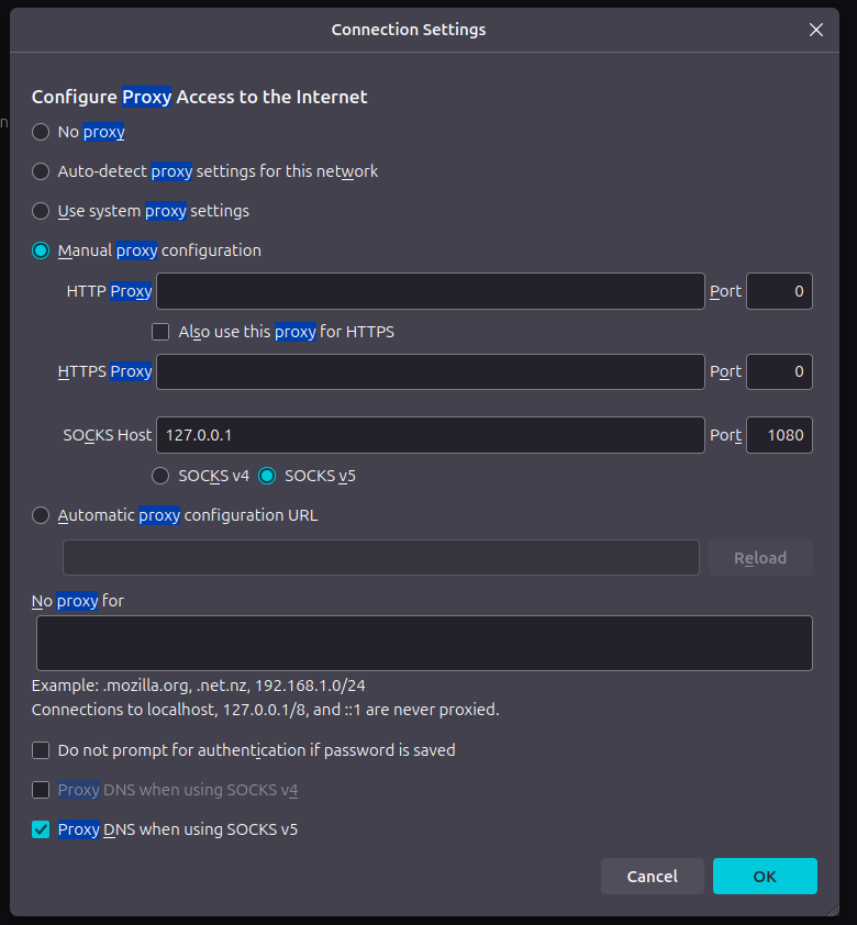 Firefox proxy settings - SOCKS5 through the compromised camera