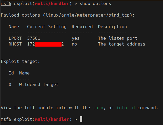 Metasploit handler options for the bind_tcp payload