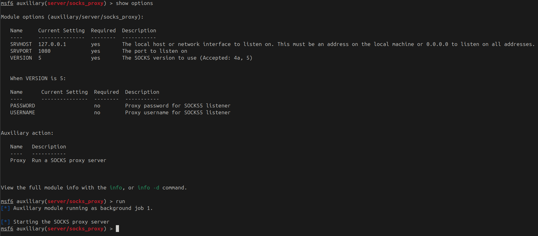 SOCKS proxy running through the Meterpreter session