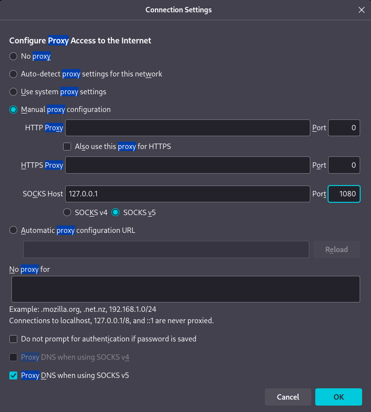Firefox proxy settings - SOCKS5 through the Smart TV
