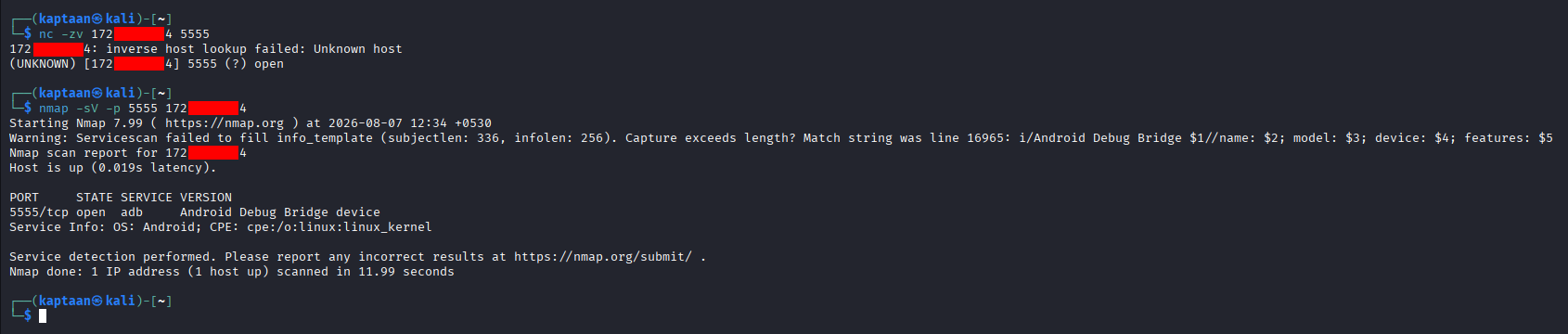 Open ADB port detected via nc and nmap